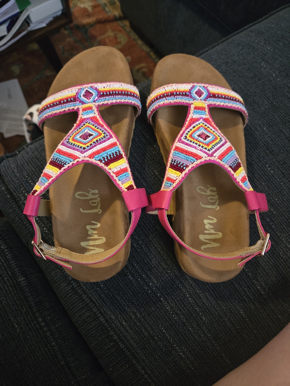 Beaded T-Strap Sandals in Pink Multicolor